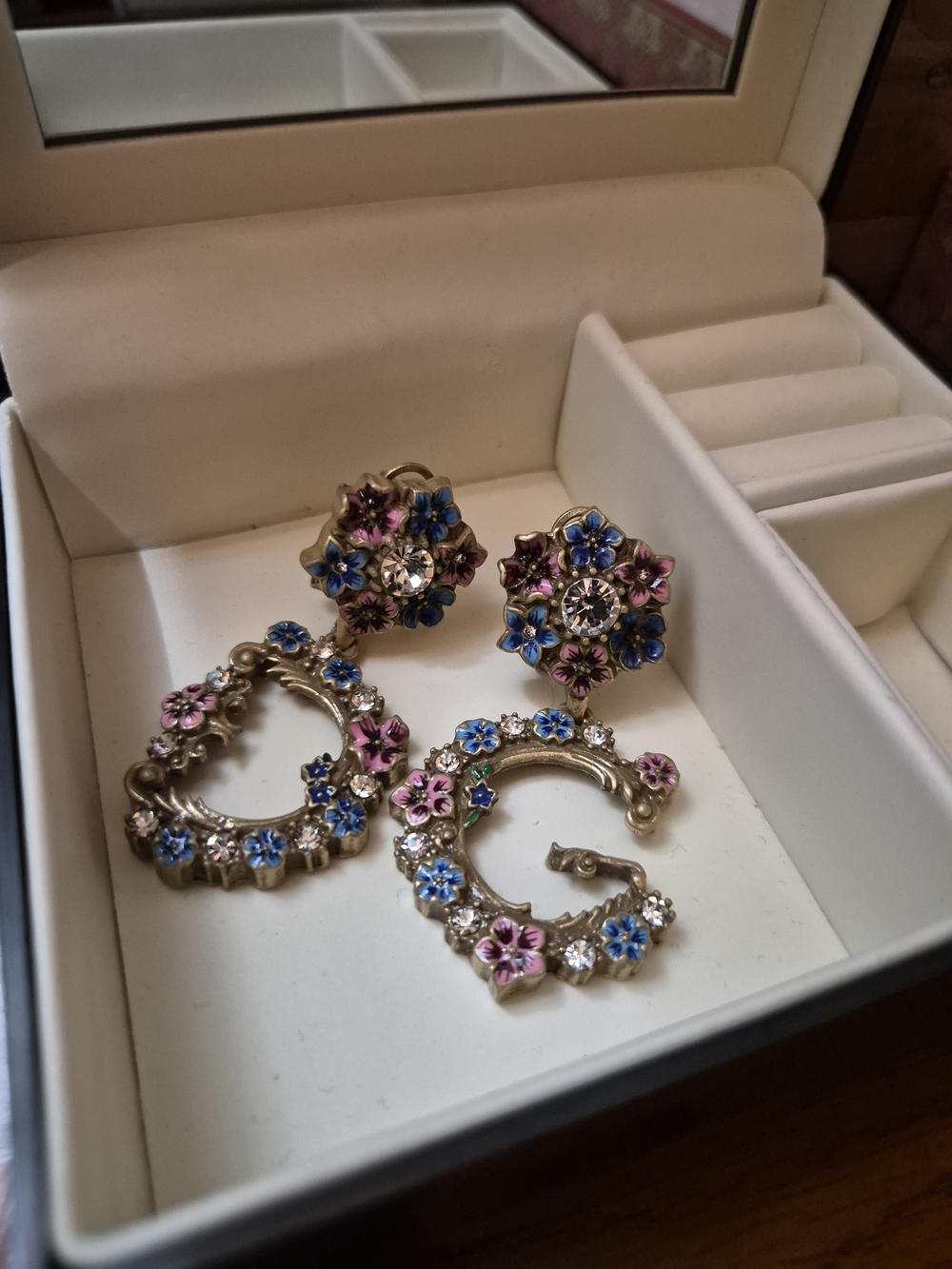 Gold-Tone Floral Drop Earrings with Pink & Blue Accents